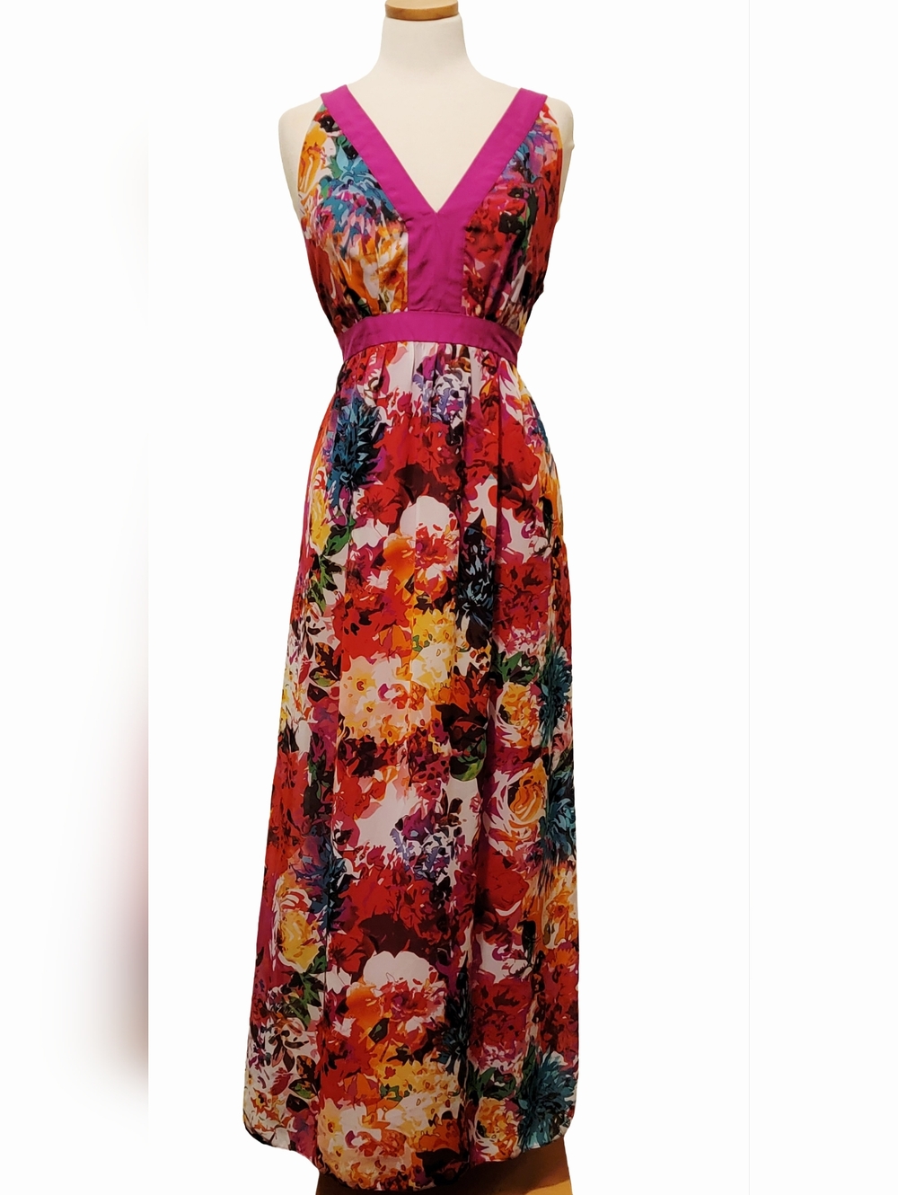 New York & Company Colorful Floral Sheer Deep V-neckline Belted Zip Maxi Dress